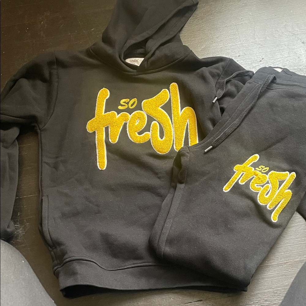 Black Hoodie and Joggers Set with Gold 'So Fresh' Print